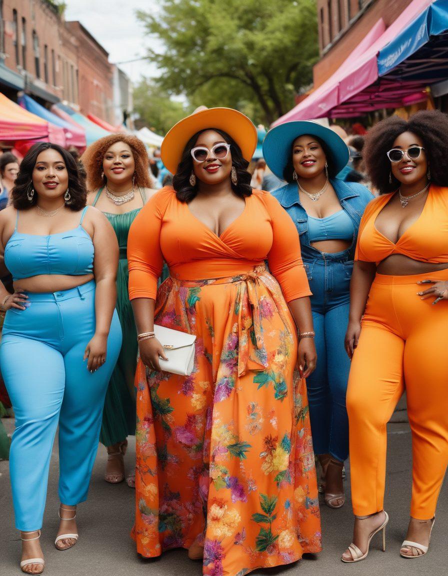 A diverse group of fashionable plus-size individuals joyfully engaging in a vibrant outdoor community event, showcasing bold outfits and unique styles. The scene is filled with colorful accessories and supportive vibes, with banners promoting body positivity in the background. Include a lively urban setting with trees and bright flowers to enhance the atmosphere of inclusivity and celebration. super-realistic. vibrant colors. urban background.