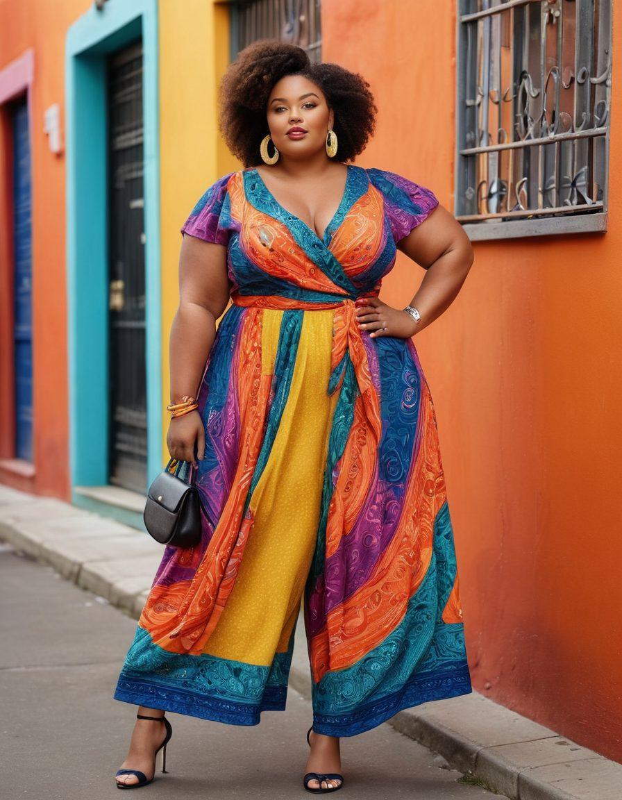 A confident plus-size woman in a vibrant, stylish outfit, standing with a playful pose in a sunlit urban backdrop, showcasing a variety of fashionable accessories. Include diverse representations of plus-size clothing, such as flowing dresses, tailored pants, and bold patterns. Add elements of confidence and self-love, like empowering quotes subtly integrated into the design. Make it lively with bright colors and intricate details. vibrant colors. super-realistic.
